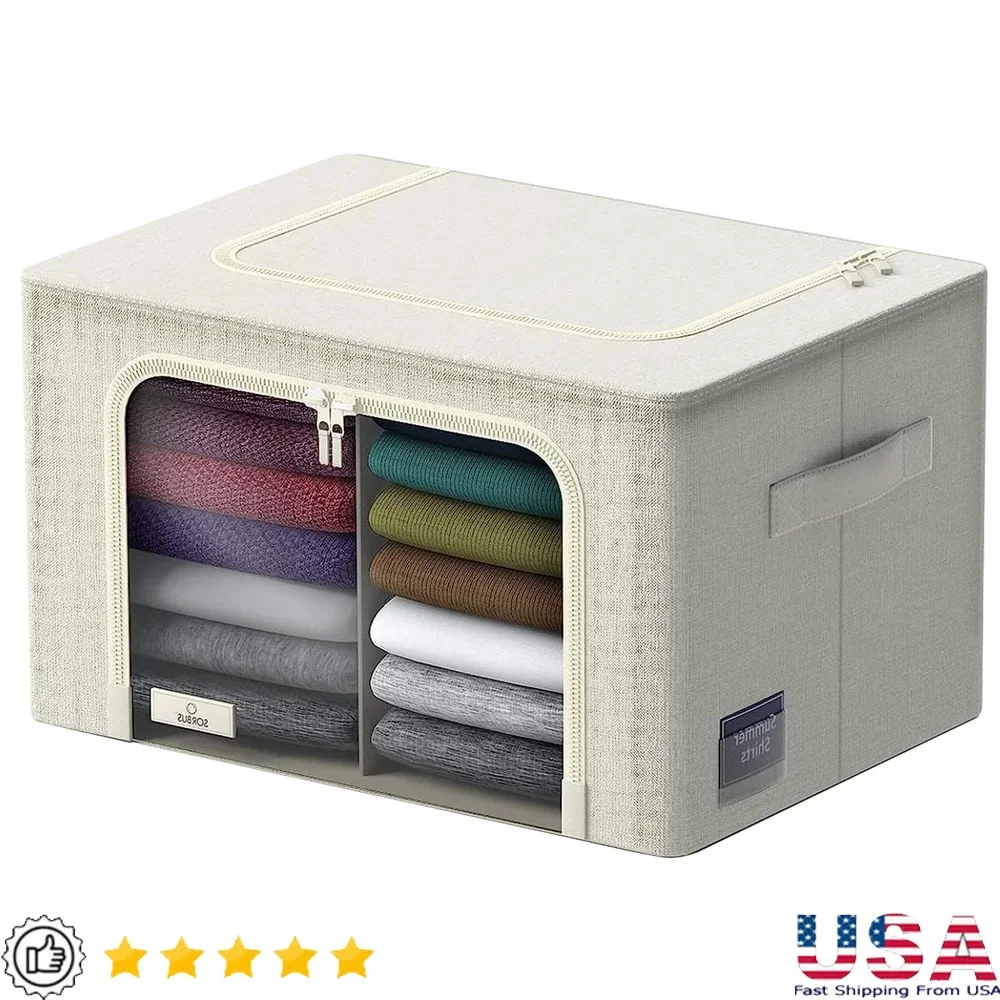 Stackable Foldable Storage Bins with Dividers Clear Window Dual Zipper Handles Clothing Linens Organizing Seasonal Wear