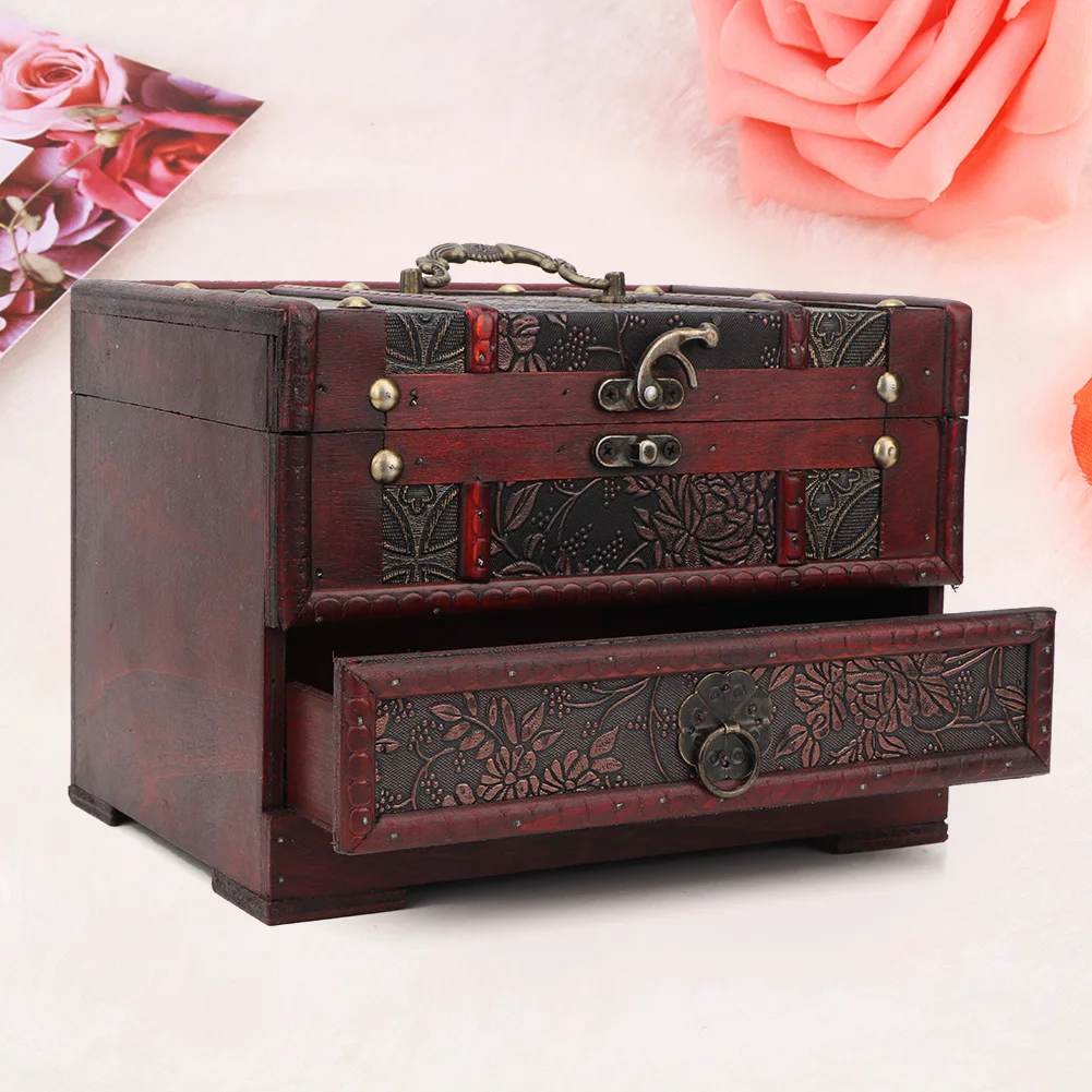 Vintage Wooden Jewelry Box Case Holder Necklace Earrings Storage Box Organizer with Mirror Jewelry Organizer Wood Jewelry Case